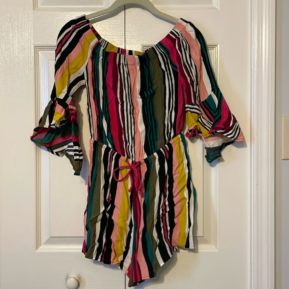Express Striped Off The Shoulder Flutter Sleeve Romper - Picture 1 of 4
